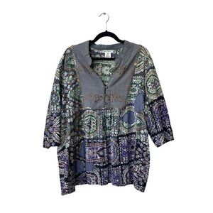 Ulla‎ Popken Tunic Top Size 20 Colorful Boho 3/4 Sleeve V-Neck Top Blouse